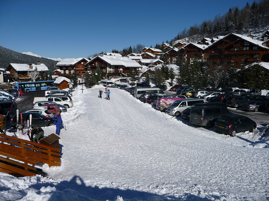 View of Meribel village in winter from the departure point of the Golf chairlift