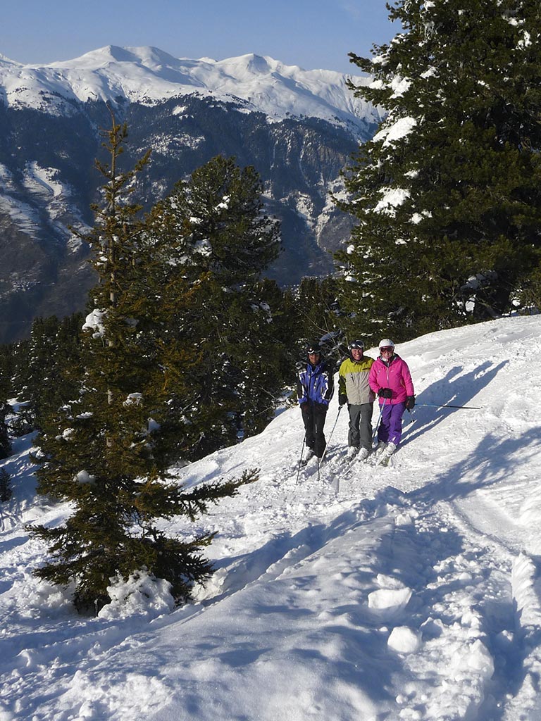 Off-piste skiing in the forest, towards the top of the La Tania area.